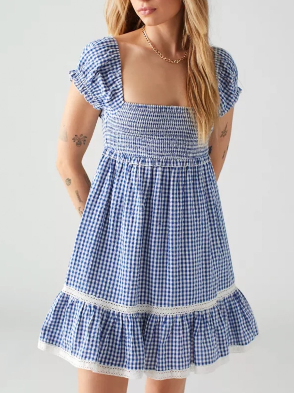 Urban Outfitters Blue Gingham Smocked Dress